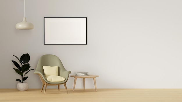 Modern minimalistisch interieur met een fauteuil op lege witte muur achtergrond en blanco fotolijst mockup op witte muur 3d rendering illustratie