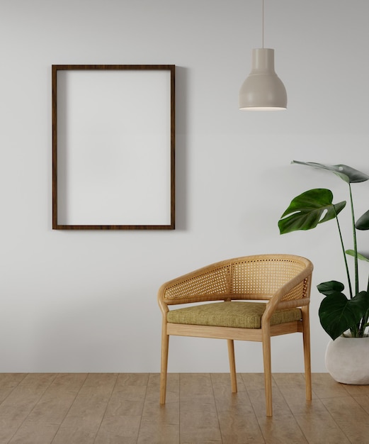 Modern minimalistisch interieur met een fauteuil op lege witte muur achtergrond en blanco fotolijst mockup op witte muur 3d rendering illustratie