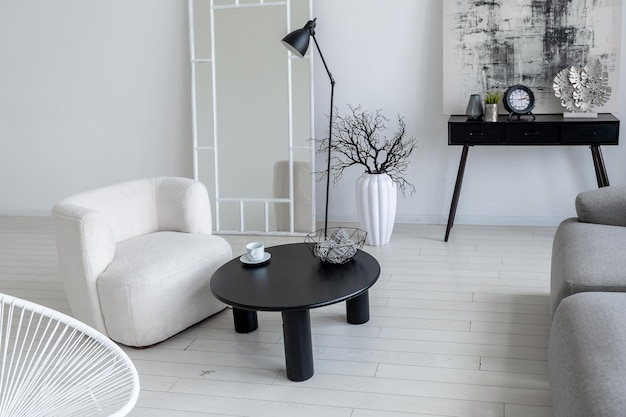 Modern minimalistisch interieur van lichte, heldere monochrome kamer met zwart-wit meubilair, schone witte muren en grote ramen