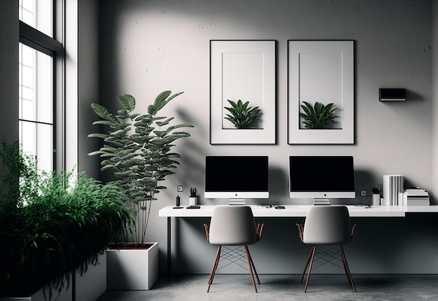 Modern minimalistisch kantoor met natuurlijke planten Illustratie Generatieve AI