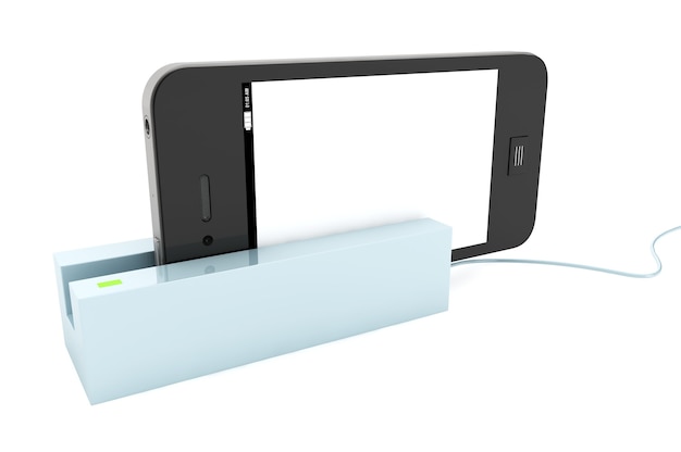 흰색 배경에 카드 리더기에 있는 현대적인 휴대 전화