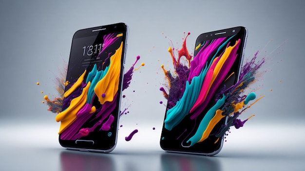 Modern mobile phone with abstract colorful paint splashes