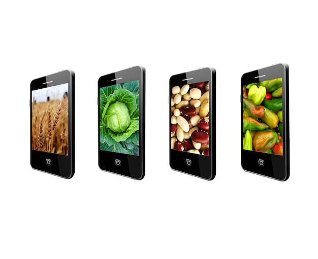 다양한 야채의 밝은 이미지가 있는 최신 휴대폰
