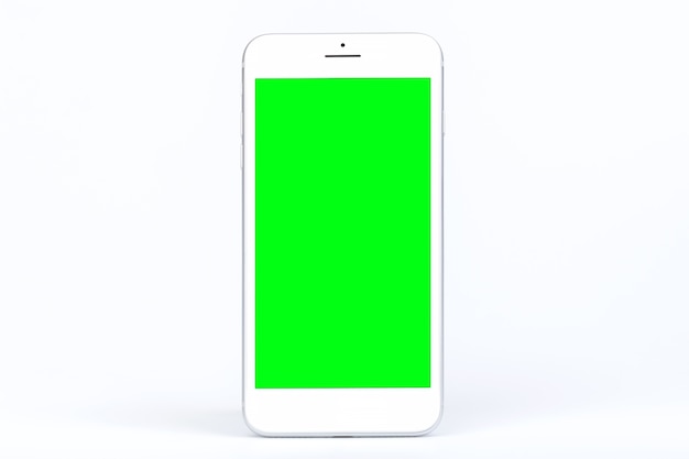 modern mobile smart phone with blank green screen isolated copy space on white background