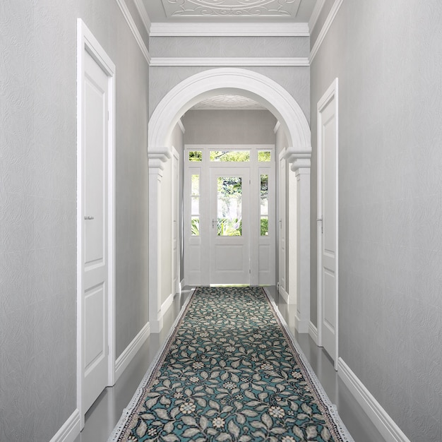 Photo modern mock up interior corridor and living room design and white wallpaper background decor 3d rendering