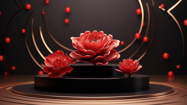 モダン・モックアップ・ブラック・ローズ・ゴールド・ポディウム・ウィズ・レッド・ピオニー・ペタル・ファイリング・ディープス・オブ・フィールド (Mockup Black Rose Gold Podium With Red Peony Petal Falling Depth Of Field Background 3D R)
