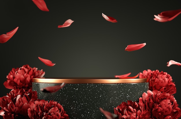 Modern Mockup Black Rose Gold Podium With Red Peony Petal Falling Depth Of Field Background 3d Render