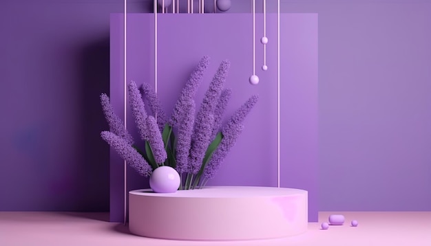 Современный макет пространства для копирования Роскошный 3d подиум с растениями и лавандовым цветом