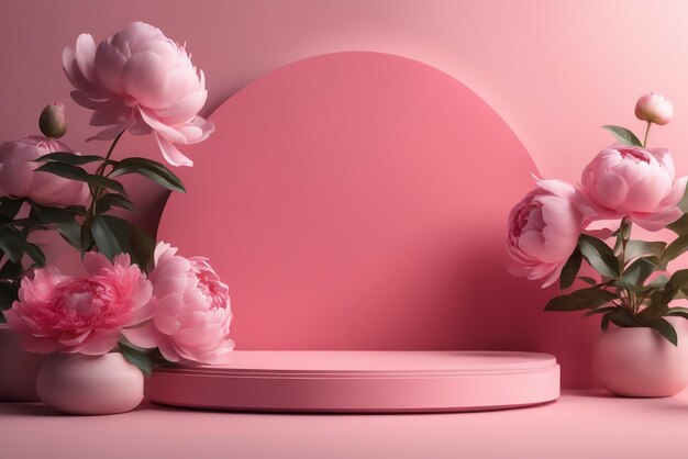 modern mockup podium set pink scene with flowers and sunlight shadow high quality background