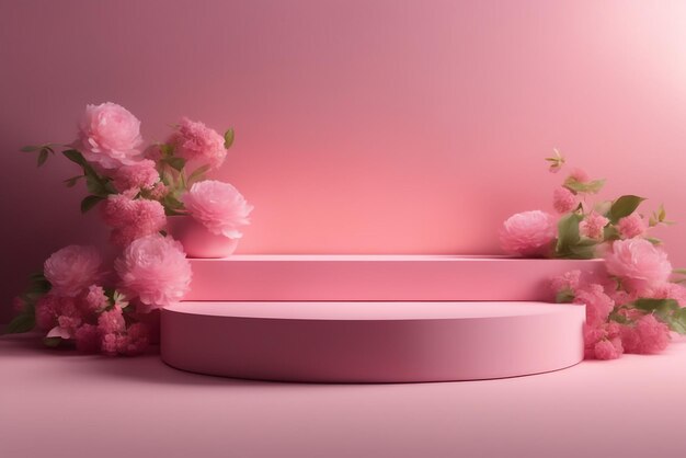 modern mockup podium set pink scene with flowers and sunlight shadow high quality background