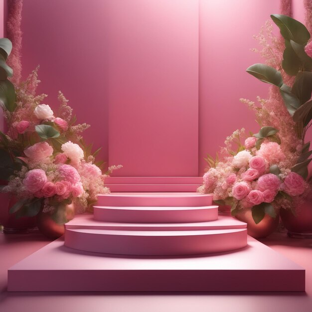 modern mockup podium set pink scene with flowers and sunlight shadow high quality background