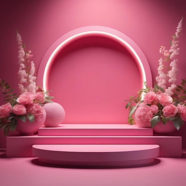 modern mockup podium set pink scene with flowers and sunlight shadow high quality background