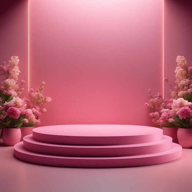 현대 모형 연단은 꽃과 햇빛 그림자가 있는 분홍색 장면을 고품질 배경으로 설정합니다.