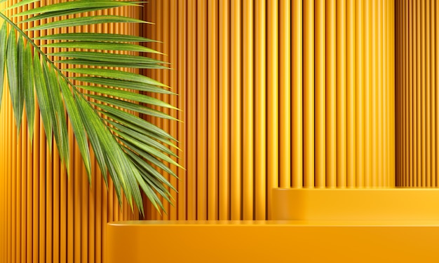 Modern Mockup Yellow Platform For Branding Presentation Product With Palm Leaf And Abstract Background
