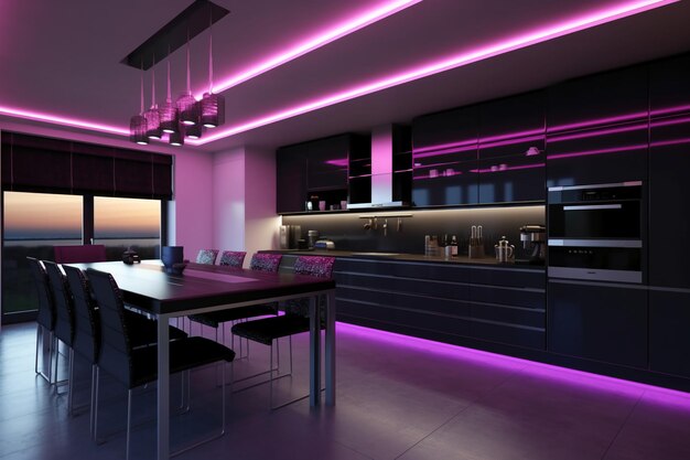 The modern modern kitchen that is illuminated with LED lights AI generative