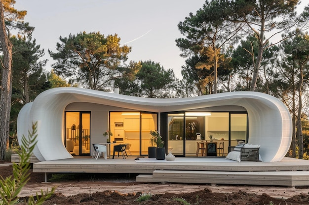 Modern modular ecofriendly house with curved walls and large windows