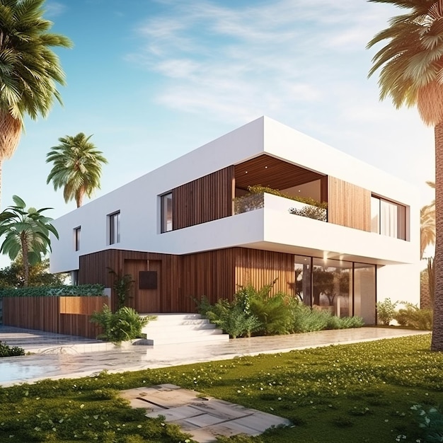 Modern modular passive white and brown house exterior view pictures AI Generated image