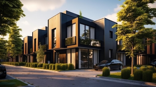 Modern modular private black townhouses Residential architecture exterior AI