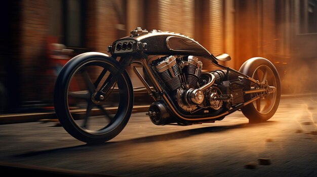 Photo modern motorcycle parked in an industrial warehouse with dramatic lighting and a gritty