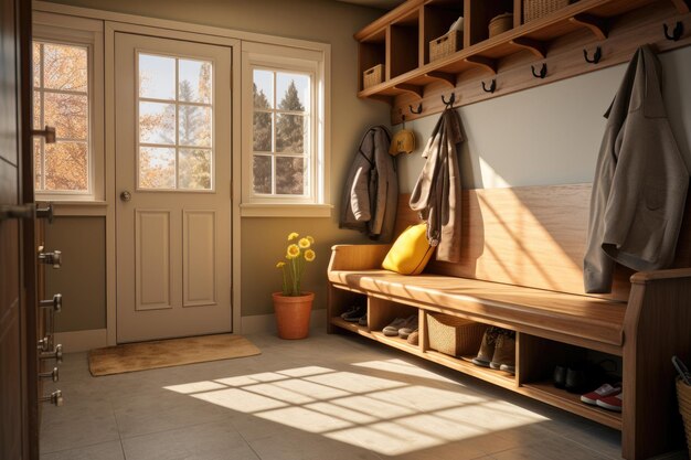 Modern mudroom interior design entrance hall in house corridor home storage space entering the house natural neutral colors painted walls with brown accents