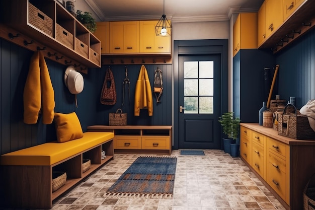 Modern mudroom interior entrance hall in house home storage space Bright yellow and navy blue colors