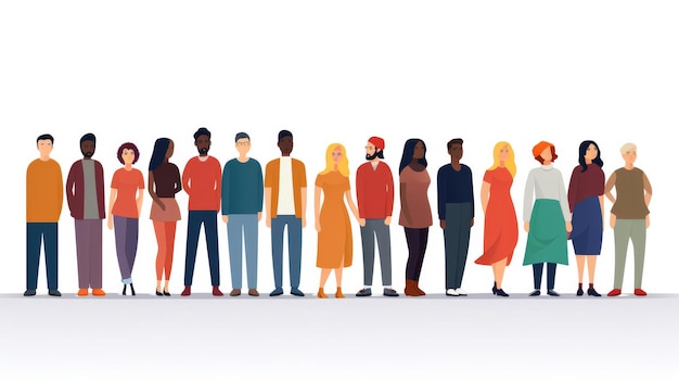 Foto moderno concetto di società multiculturale con persone in fila gruppo di persone diverse in comunità che stanno insieme e si tengono per mano illustrazione isolato su sfondo bianco