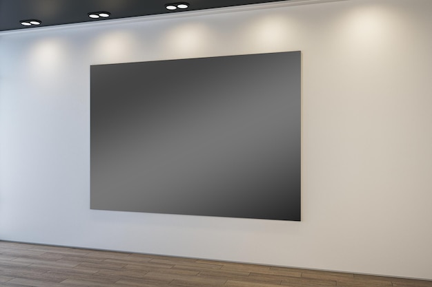 Photo modern museum or exhibition hall interior with clean illuminated black mock up banner on concrete wall and wooden parquet flooring 3d rendering