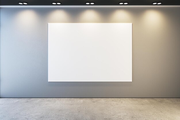 Photo modern museum or exhibition hall interior with illuminated empty white mock up banner on concrete wall 3d rendering