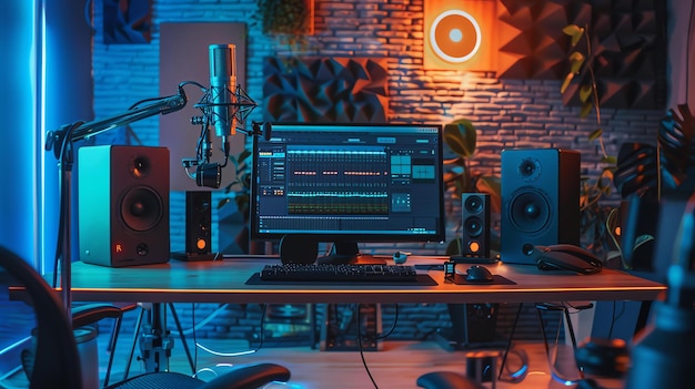 A modern music production studio with a computer speakers microphone and other equipment The room is dark with blue and orange lighting