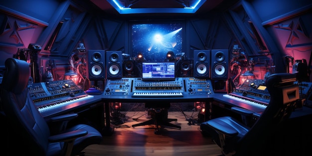 a modern music recording studio where you see the artist recording in a neon box