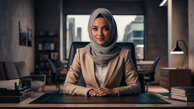 Modern muslim woman in hijab in office room