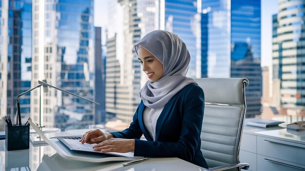 Photo modern muslim woman in hijab in office room