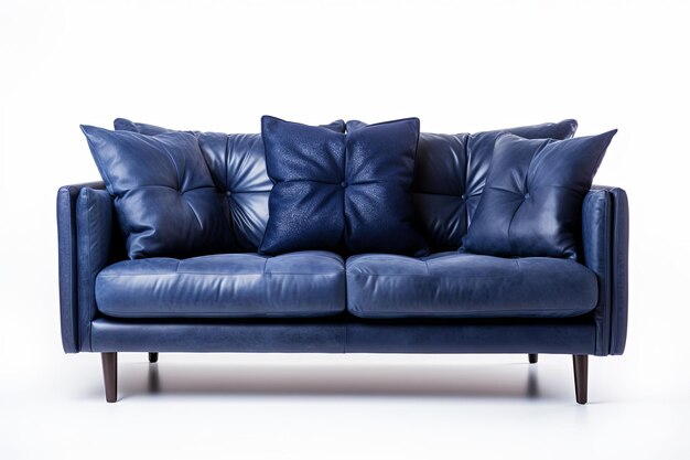 Modern navy blue sofa with pillows on isolated white background Furniture for modern interior design