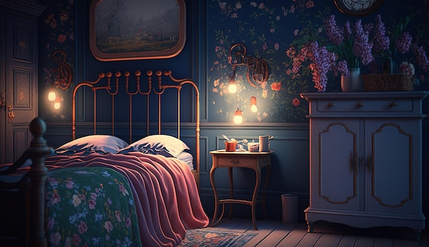 Современный дизайн интерьера главной спальни неонового цвета AI Сгенерированное изображение