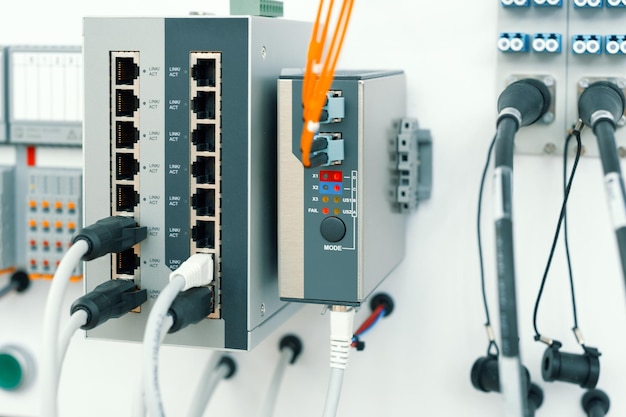 Modern network equipment highspeed switch network cables are inserted into the unit