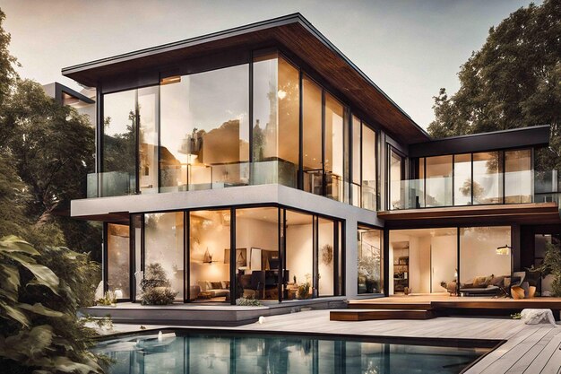 modern new house with huge swimming pool and lanterns wonderful atmosphere in the evening