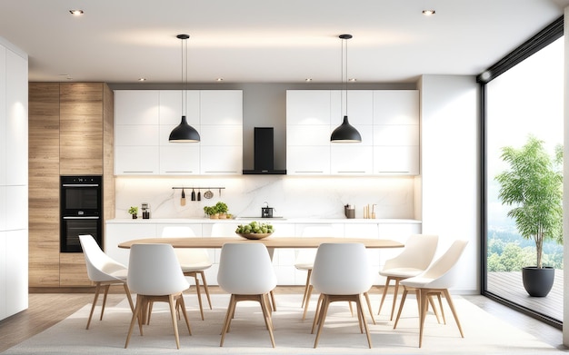 Modern new light interior of kitchen with white furniture and dining table 3d rendering