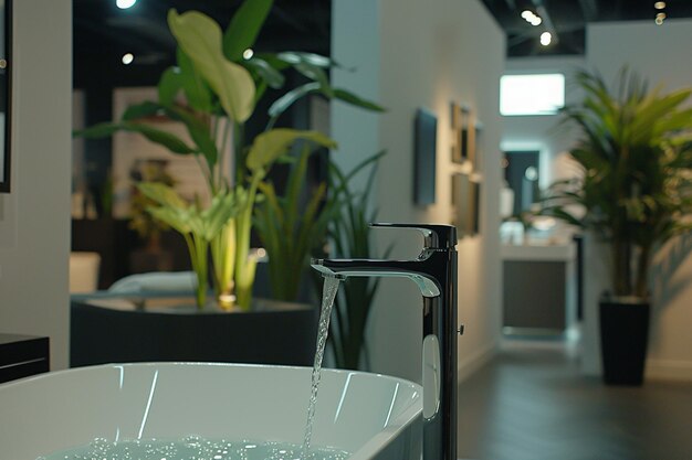 Modern and new steel faucet with the ceramic bathtub in the bathroom