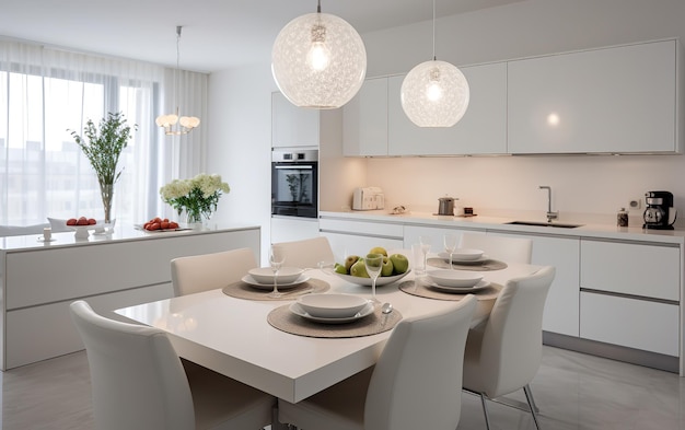 Modern nieuw licht interieur van de keuken met wit meubilair en eettafel