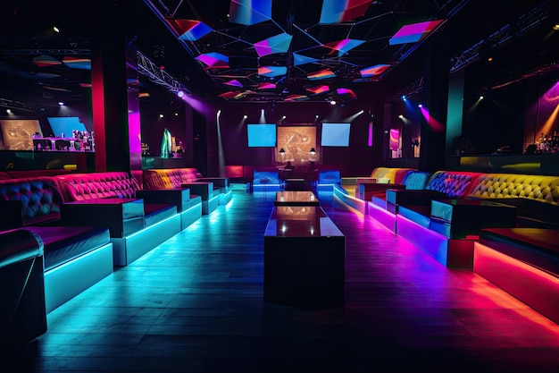 Photo modern night club interior with colorful lighting night club concept 3d rendering colorful interior of bright and beautiful night club with dark seats and glowing lights ai generated