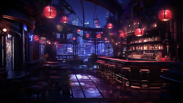 Современный ночной бар, освещенный фонарями