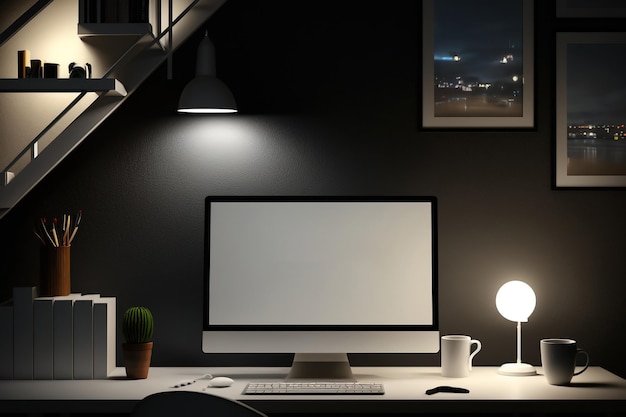 Moderno home office notturno con lampada da tavolo mockup per computer  desktop pc e accessori sul tavolo nero vicino alle scale