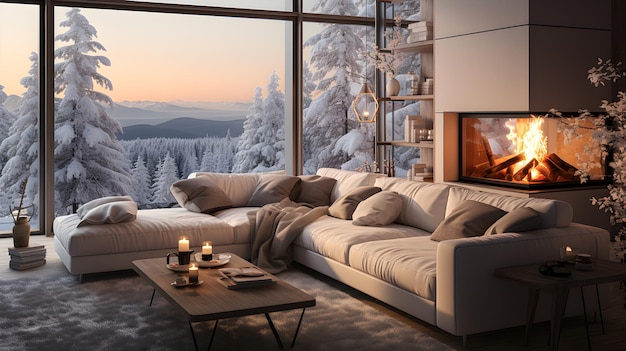 Modern Nordic style living room interior design with beige fabric sofa and cushions Very bright window overlooking a snowy forest in winter Modern fireplace and minimalist decoration Generative ai