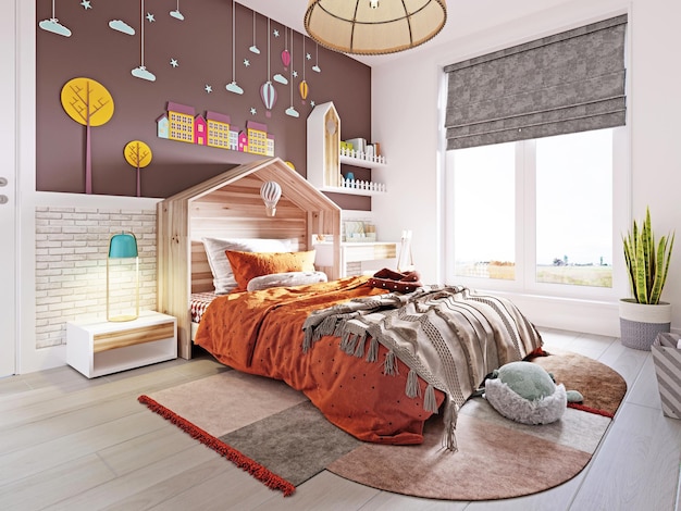 Modern nursery with white and brown wall and bed with orange blanket and headboard house