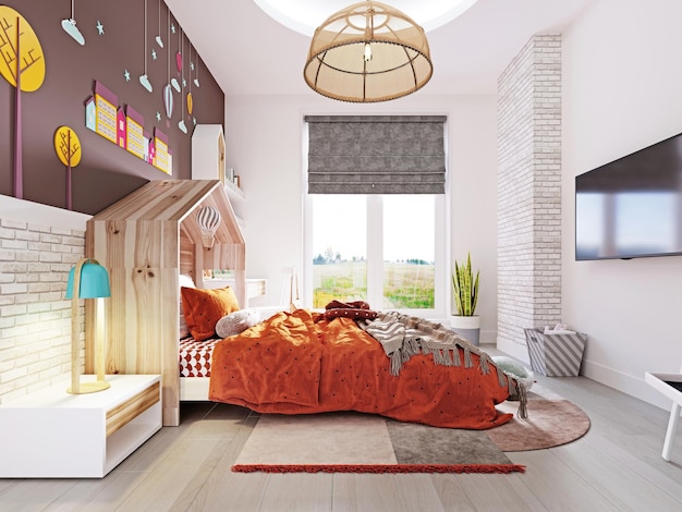 흰색과 갈색 벽과 주황색 담요와 헤드보드 하우스가 있는 침대가 있는 현대적인 보육원