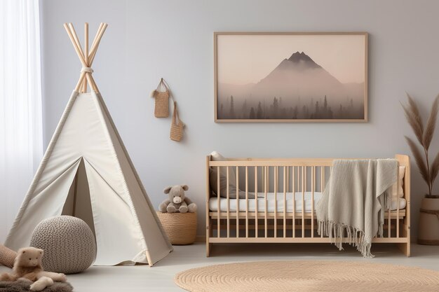 A modern nursery with a white teepee wooden crib and a large photo of a mountain landscape