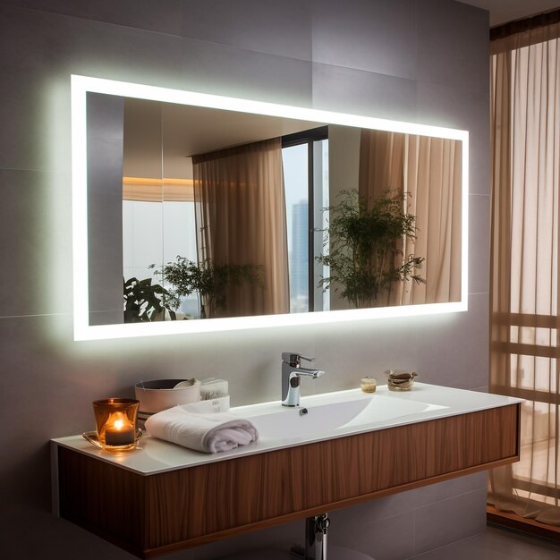 현대적인 오크 두 개의 세탁실과 콘크리트 세탁실은 현대적인 수도꼭지와 화장실에 조명 된 거울을 가지고 있습니다.