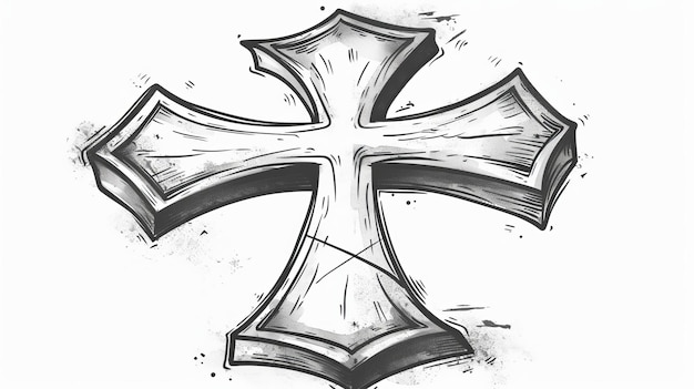 写真 キリスト教の十字架のシンボル 黒と白の手描き スケッチスタイルで 白い背景に隔離され 現代的なフォーマットで