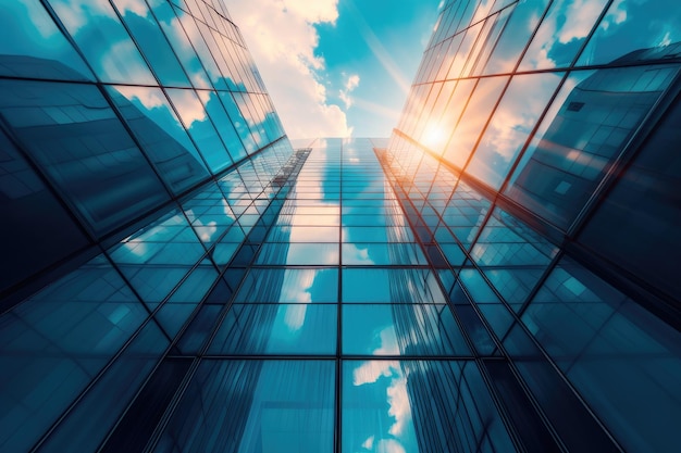 Modern office building or business center Highrise window buildings made of glass reflect the clouds and the sunlight empty street outside wall modernity civilization growing up business