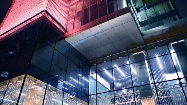 Современное офисное здание в городе ночью Вид на освещенные офисы корпоративного здания